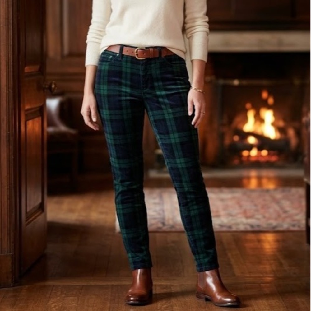 Vineyard Vines Blackwatch Plaid Velvet Skinny Pants Navy Green 16 2P001106